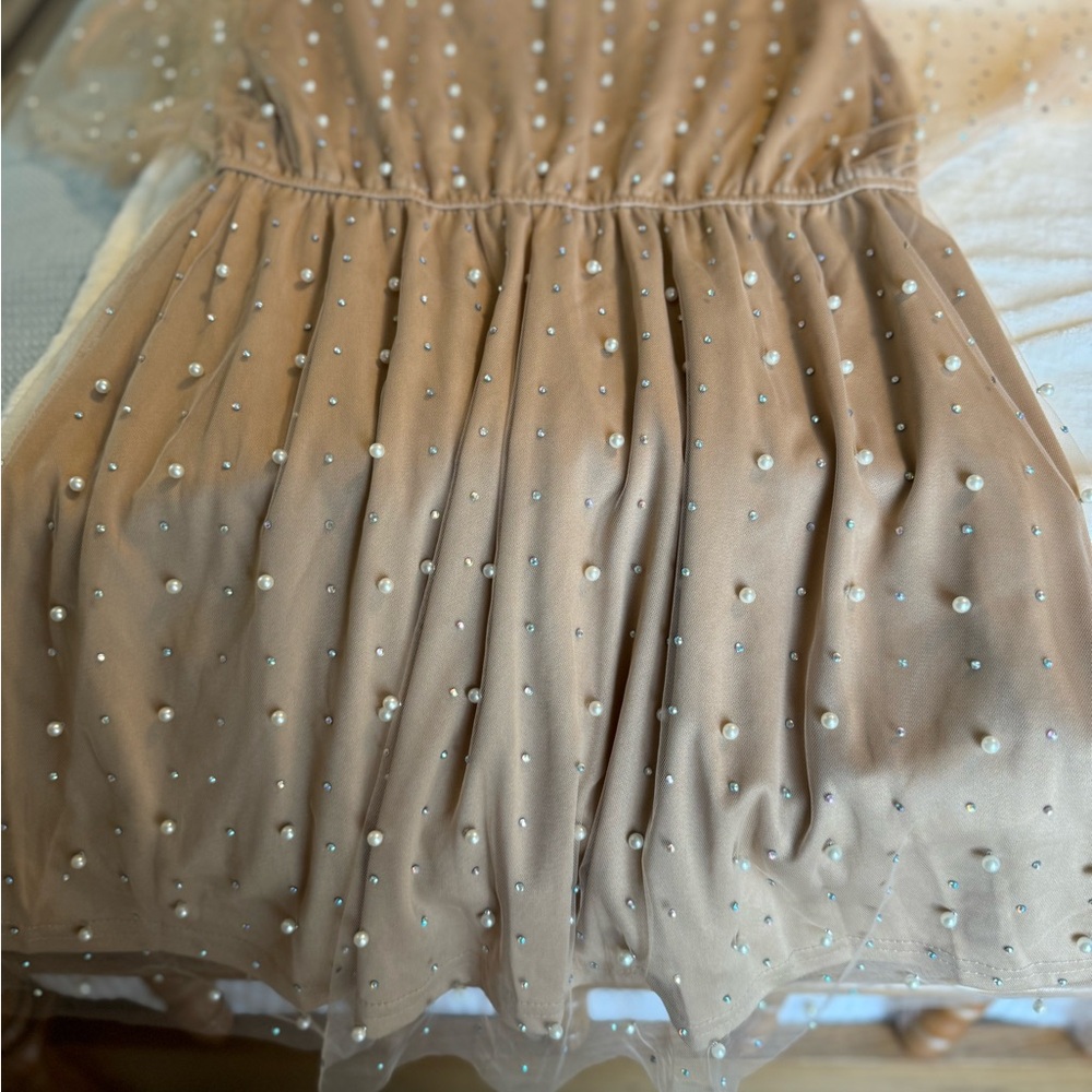 Elegant Beige Women’s Dress with Pearl Accents New Without Tags(Never Worn)